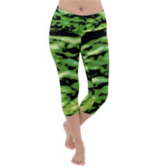 Green  Waves Abstract Series No11 Lightweight Velour Capri Yoga Leggings by DimitriosArt