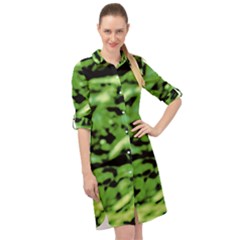 Green  Waves Abstract Series No11 Long Sleeve Mini Shirt Dress by DimitriosArt