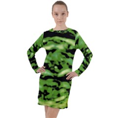 Green  Waves Abstract Series No11 Long Sleeve Hoodie Dress by DimitriosArt