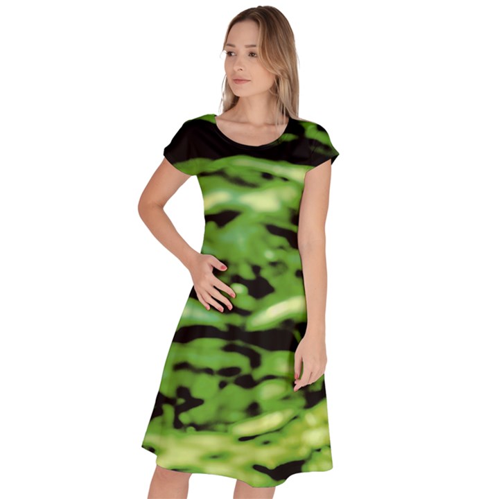 Green  Waves Abstract Series No11 Classic Short Sleeve Dress