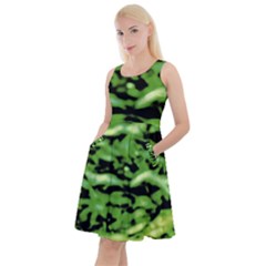 Green  Waves Abstract Series No11 Knee Length Skater Dress With Pockets by DimitriosArt