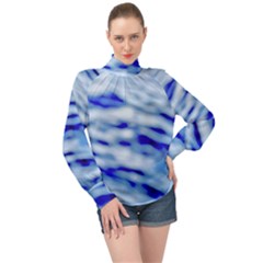 Blue Waves Abstract Series No10 High Neck Long Sleeve Chiffon Top