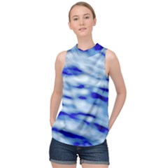 Blue Waves Abstract Series No10 High Neck Satin Top by DimitriosArt