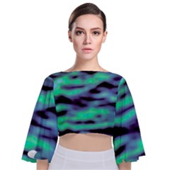 Green  Waves Abstract Series No6 Tie Back Butterfly Sleeve Chiffon Top by DimitriosArt