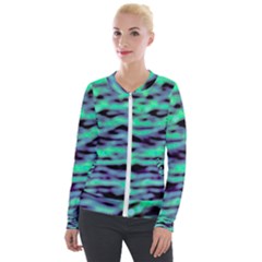 Green  Waves Abstract Series No6 Velvet Zip Up Jacket by DimitriosArt