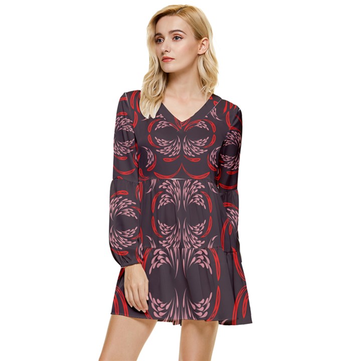 Floral folk damask pattern Fantasy flowers Floral geometric fantasy Tiered Long Sleeve Mini Dress