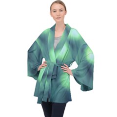 Green Vibrant Abstract Long Sleeve Velvet Kimono  by DimitriosArt