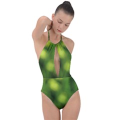 Green Vibrant Abstract No3 Plunge Cut Halter Swimsuit by DimitriosArt