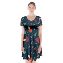 Bright Mushrooms Short Sleeve V-neck Flare Dress by SychEva