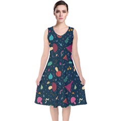 Bright Mushrooms V-neck Midi Sleeveless Dress  by SychEva