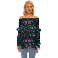 Bright Mushrooms Off Shoulder Chiffon Pocket Shirt by SychEva