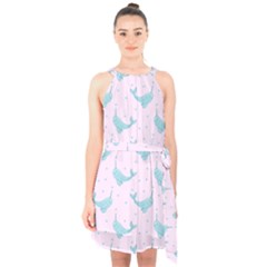 Narwales Stars  Pattern Pink Halter Collar Waist Tie Chiffon Dress by Littlebird