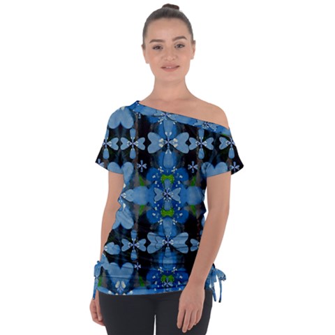 Rare Excotic Blue Flowers In The Forest Of Calm And Peace Off Shoulder Tie-up Tee by pepitasart