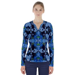 Rare Excotic Blue Flowers In The Forest Of Calm And Peace V-neck Long Sleeve Top by pepitasart