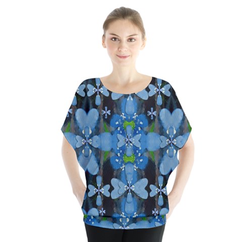 Rare Excotic Blue Flowers In The Forest Of Calm And Peace Batwing Chiffon Blouse by pepitasart