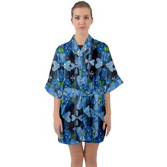 Rare Excotic Blue Flowers In The Forest Of Calm And Peace Half Sleeve Satin Kimono  by pepitasart
