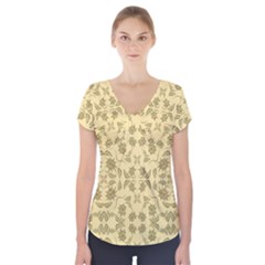 Floral Folk Damask Pattern Fantasy Flowers Floral Geometric Fantasy Short Sleeve Front Detail Top by Eskimos