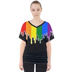 Gay Pride Flag Rainbow Drip On Black Blank Black For Designs V-neck Dolman Drape Top by VernenInk
