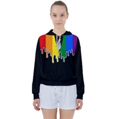 Gay Pride Flag Rainbow Drip On Black Blank Black For Designs Women s Tie Up Sweat by VernenInk