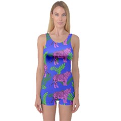 Pink Tigers On A Blue Background One Piece Boyleg Swimsuit by SychEva