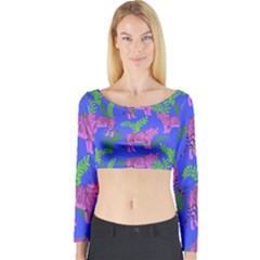 Pink Tigers On A Blue Background Long Sleeve Crop Top by SychEva