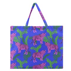 Pink Tigers On A Blue Background Zipper Large Tote Bag by SychEva