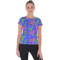 Pink Tigers On A Blue Background Short Sleeve Sports Top  by SychEva