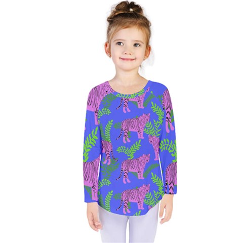 Pink Tigers On A Blue Background Kids  Long Sleeve Tee by SychEva