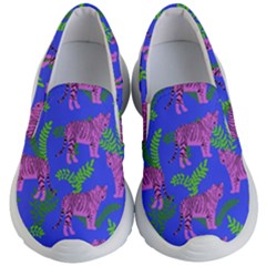 Pink Tigers On A Blue Background Kids Lightweight Slip Ons by SychEva