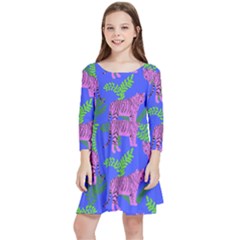 Pink Tigers On A Blue Background Kids  Quarter Sleeve Skater Dress by SychEva
