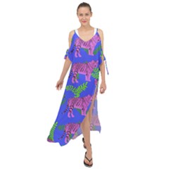 Pink Tigers On A Blue Background Maxi Chiffon Cover Up Dress by SychEva