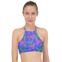 Pink Tigers On A Blue Background Racer Front Bikini Top by SychEva