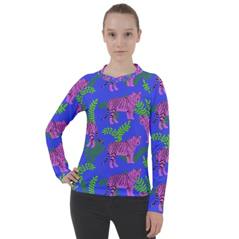 Pink Tigers On A Blue Background Women s Pique Long Sleeve Tee by SychEva
