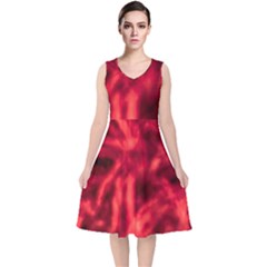 Cadmium Red Abstract Stars V-neck Midi Sleeveless Dress 