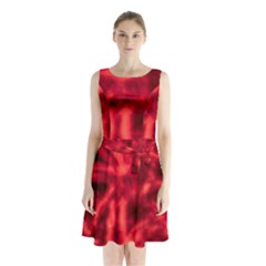 Cadmium Red Abstract Stars Sleeveless Waist Tie Chiffon Dress