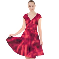 Cadmium Red Abstract Stars Cap Sleeve Front Wrap Midi Dress