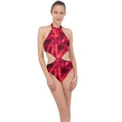 Cadmium Red Abstract Stars Halter Side Cut Swimsuit
