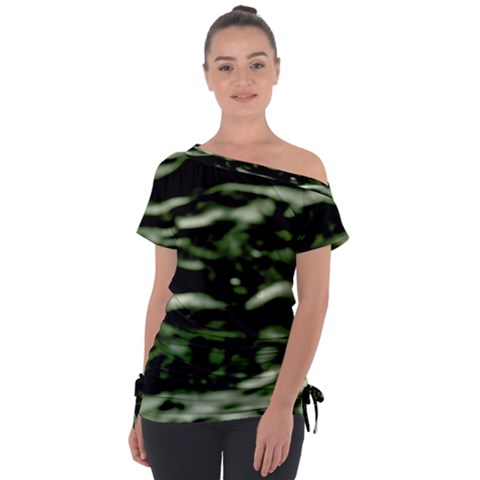 Green  Waves Abstract Series No5 Off Shoulder Tie-up Tee by DimitriosArt