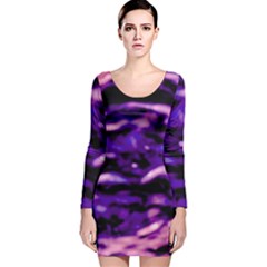 Purple  Waves Abstract Series No1 Long Sleeve Velvet Bodycon Dress by DimitriosArt