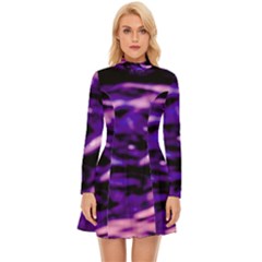 Purple  Waves Abstract Series No1 Long Sleeve Velour Longline Dress by DimitriosArt