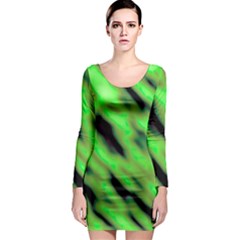 Green  Waves Abstract Series No7 Long Sleeve Bodycon Dress by DimitriosArt