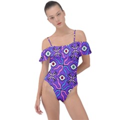 Abstract Illustration With Eyes Frill Detail One Piece Swimsuit