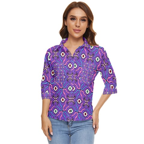 Abstract Illustration With Eyes Women s Quarter Sleeve Pocket Shirt by SychEva