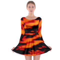 Red  Waves Abstract Series No13 Long Sleeve Skater Dress by DimitriosArt