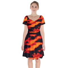 Red  Waves Abstract Series No13 Short Sleeve Bardot Dress by DimitriosArt