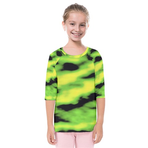 Green  Waves Abstract Series No12 Kids  Quarter Sleeve Raglan Tee by DimitriosArt