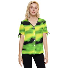 Green  Waves Abstract Series No12 Bow Sleeve Button Up Top by DimitriosArt