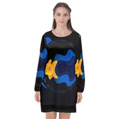 Digital Illusion Long Sleeve Chiffon Shift Dress 