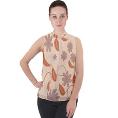 Folk Flowers Print Floral Pattern Ethnic Art Mock Neck Chiffon Sleeveless Top