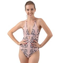 Floral Folk Damask Pattern  Halter Cut-out One Piece Swimsuit by Eskimos